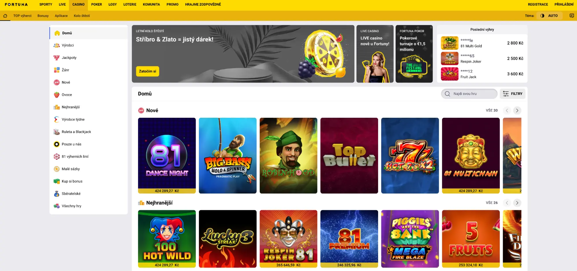 Fortuna Casino — Domů: nové a nejhranější hry (81 Dance Night, Big Bass Hold & Spinner, Robin Hood). Domovská stránka online casina Fortuna — levé menu kategorií, horní promo bannery, „Poslední výhry“, vyhledávání a filtry; v sekcích „Nové“ a „Nejhranější“ náhledy her 81 Dance Night, Big Bass Hold & Spinner, Robin Hood, Top Bullet, Hot 7s x2, 81 Multichance aj.